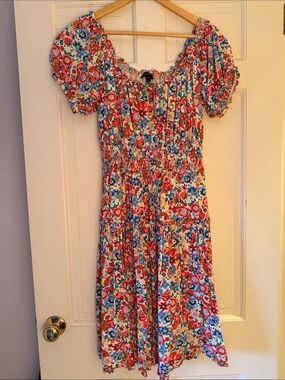 J. Crew Floral Smocked Midi Dress in Red, Blue & White